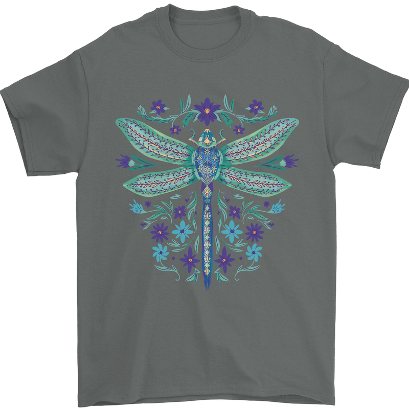 A Floral Dragonfly Mens T-Shirt 100% Cotton Charcoal