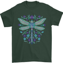 A Floral Dragonfly Mens T-Shirt 100% Cotton Forest Green