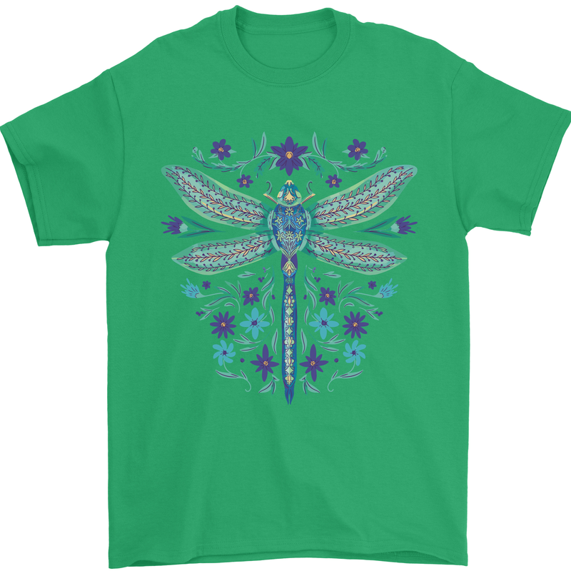 A Floral Dragonfly Mens T-Shirt 100% Cotton Irish Green