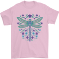 A Floral Dragonfly Mens T-Shirt 100% Cotton Light Pink