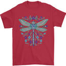 A Floral Dragonfly Mens T-Shirt 100% Cotton Red