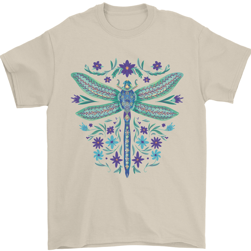 A Floral Dragonfly Mens T-Shirt 100% Cotton Sand