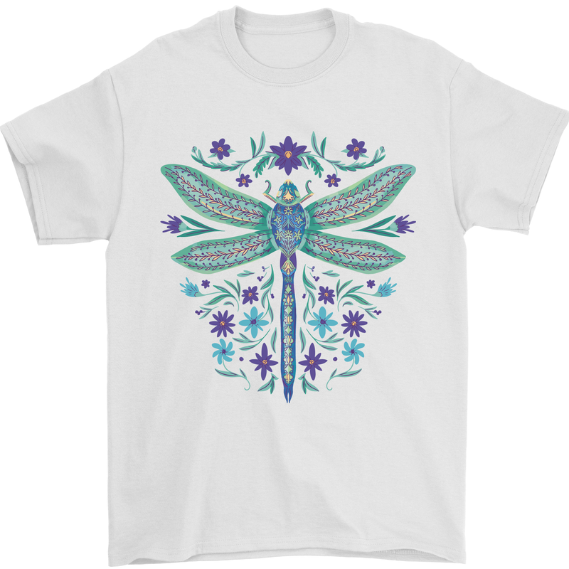 A Floral Dragonfly Mens T-Shirt 100% Cotton White