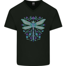 A Floral Dragonfly Mens V-Neck Cotton T-Shirt Black