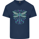 A Floral Dragonfly Mens V-Neck Cotton T-Shirt Navy Blue