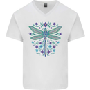 A Floral Dragonfly Mens V-Neck Cotton T-Shirt White