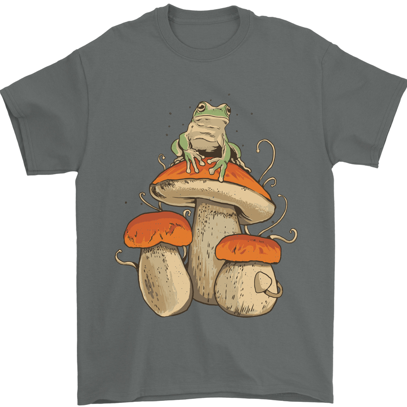 A Frog & 3 Mushrooms Foraging Mycology Fungi Mens T-Shirt 100% Cotton Charcoal