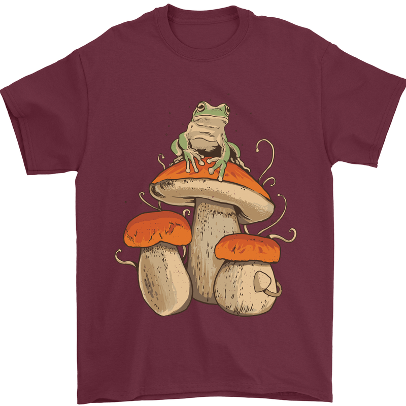 A Frog & 3 Mushrooms Foraging Mycology Fungi Mens T-Shirt 100% Cotton Maroon