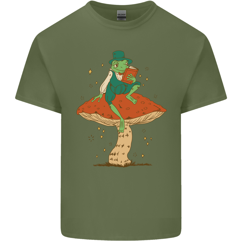 A Frog & Book Mushrooms Foraging Mycology Fungi Mens Cotton T-Shirt Tee Top Military Green