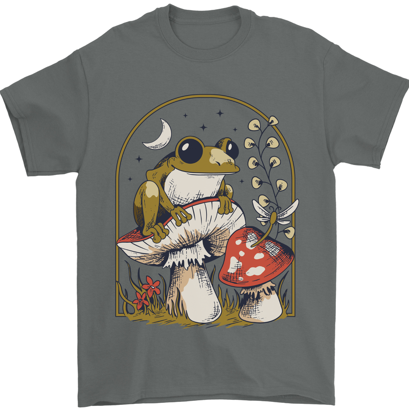 A Frog & Mushrooms Foraging Mycology Fungi Mens T-Shirt 100% Cotton Charcoal