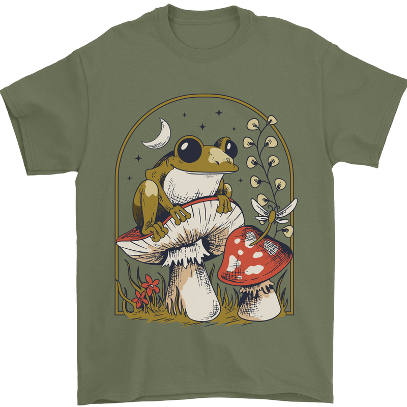 A Frog & Mushrooms Foraging Mycology Fungi Mens T-Shirt 100% Cotton Military Green
