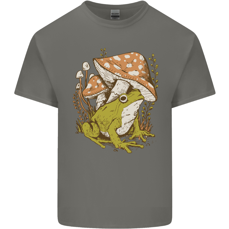 A Frog and Mushrooms Foraging Mycology Fungi Mens Cotton T-Shirt Tee Top Charcoal
