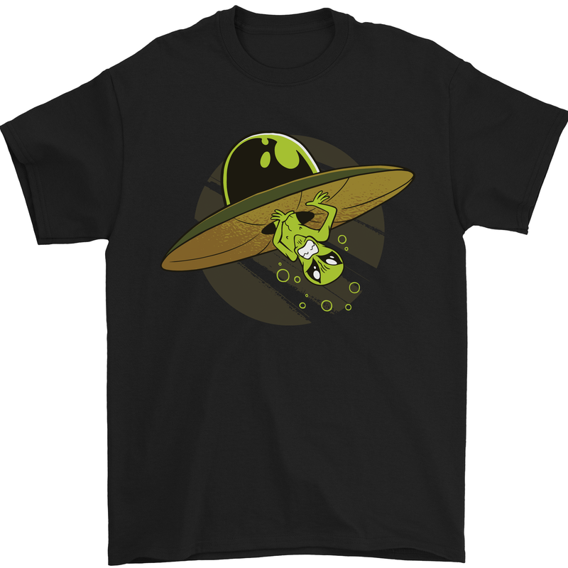 a black t - shirt with an alien riding a surfboard