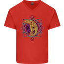 A Geometric Chameleon Mens V-Neck Cotton T-Shirt Red
