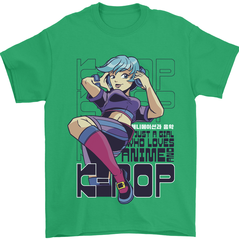 A Girl Who Loves Anime and K-Pop Mens T-Shirt 100% Cotton Irish Green
