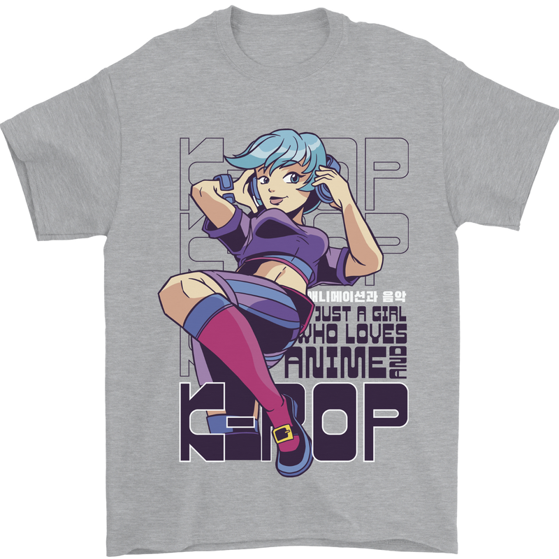 A Girl Who Loves Anime and K-Pop Mens T-Shirt 100% Cotton Sports Grey