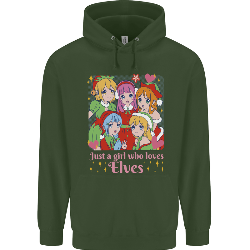 A Girl Who Loves Elves Christmas Anime Xmas Childrens Kids Hoodie Forest Green