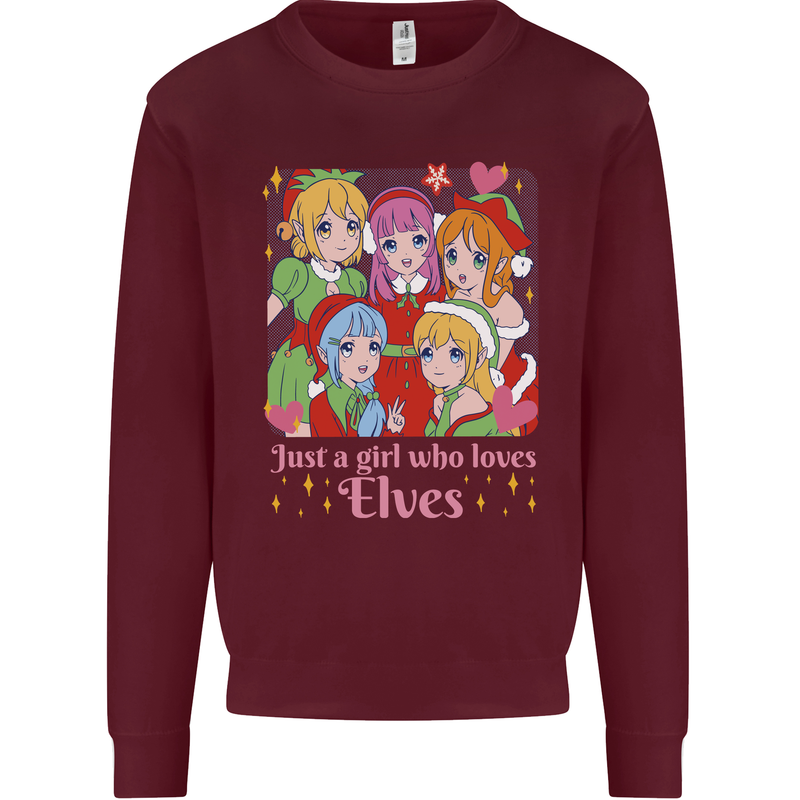 A Girl Who Loves Elves Christmas Anime Xmas Kids Sweatshirt Jumper Maroon