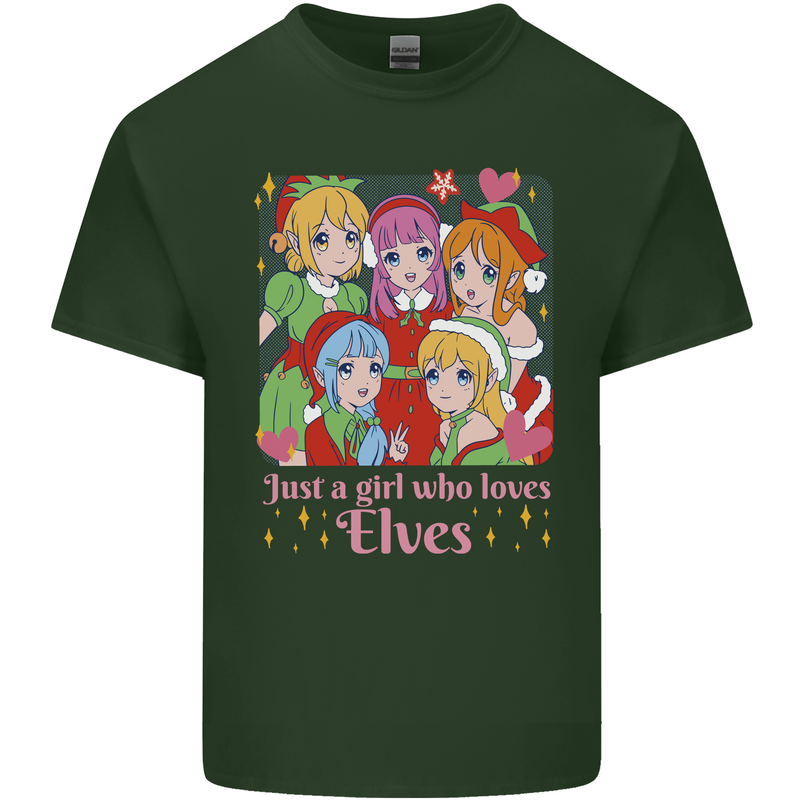 A Girl Who Loves Elves Christmas Anime Xmas Mens Cotton T-Shirt Tee Top Forest Green