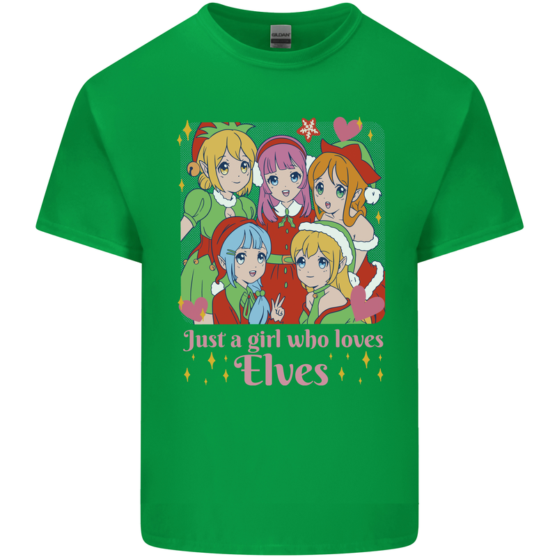 A Girl Who Loves Elves Christmas Anime Xmas Mens Cotton T-Shirt Tee Top Irish Green