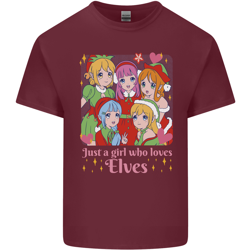 A Girl Who Loves Elves Christmas Anime Xmas Mens Cotton T-Shirt Tee Top Maroon