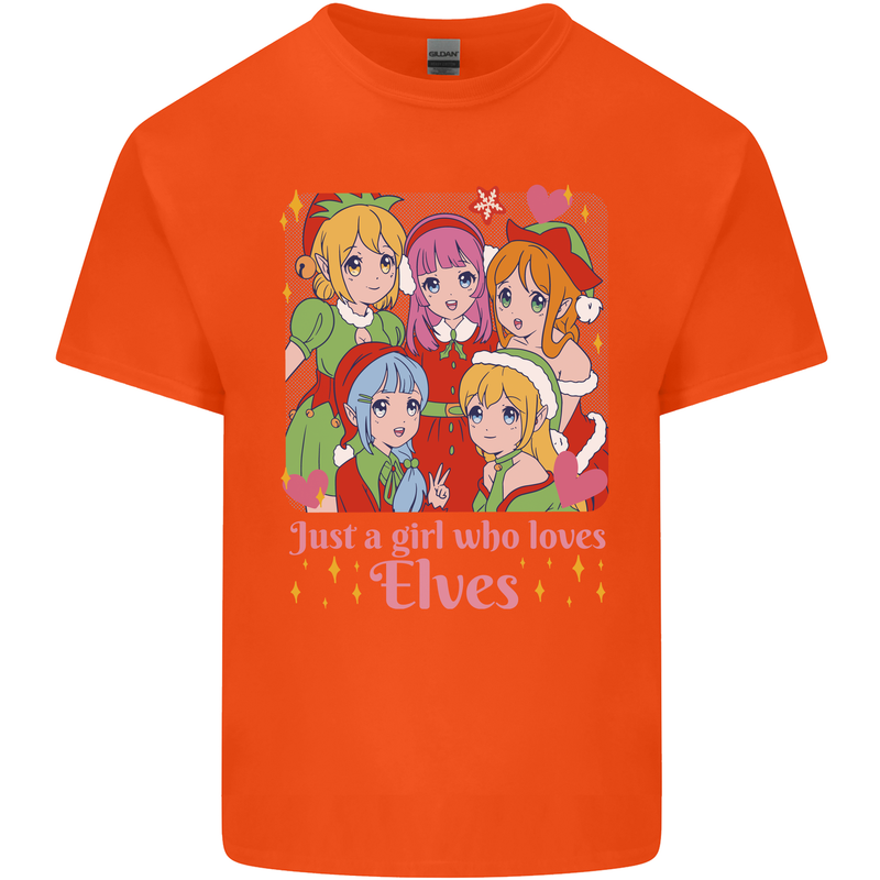 A Girl Who Loves Elves Christmas Anime Xmas Mens Cotton T-Shirt Tee Top Orange