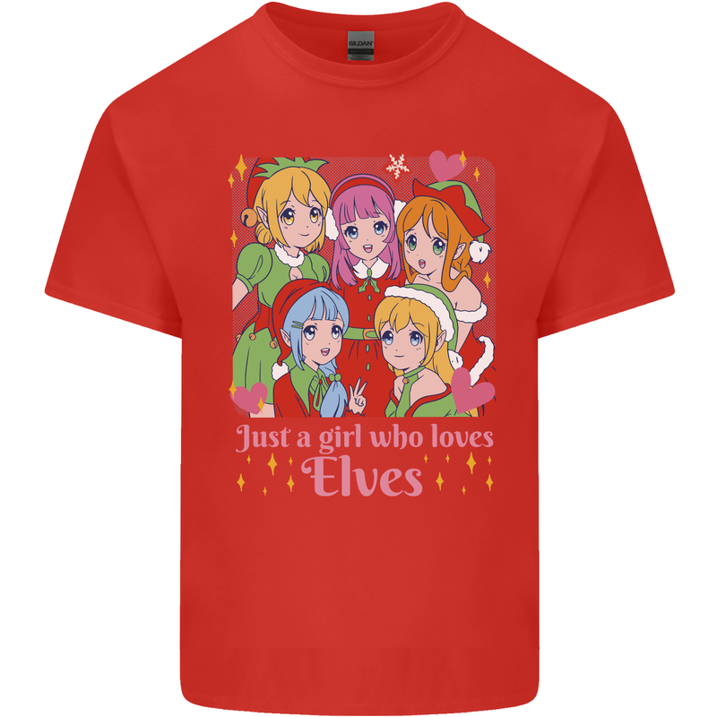 A Girl Who Loves Elves Christmas Anime Xmas Mens Cotton T-Shirt Tee Top Red