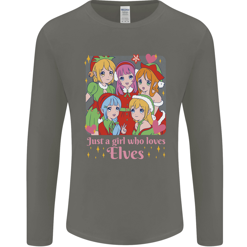 A Girl Who Loves Elves Christmas Anime Xmas Mens Long Sleeve T-Shirt Charcoal