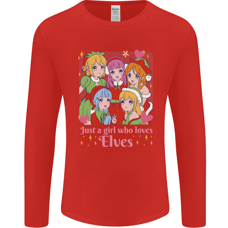 A Girl Who Loves Elves Christmas Anime Xmas Mens Long Sleeve T-Shirt Red