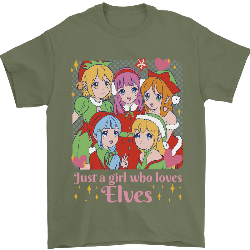 A Girl Who Loves Elves Christmas Anime Xmas Mens T-Shirt 100% Cotton Military Green