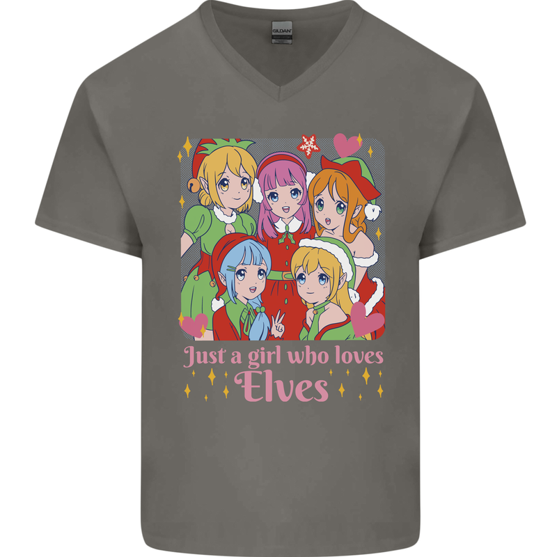 A Girl Who Loves Elves Christmas Anime Xmas Mens V-Neck Cotton T-Shirt Charcoal