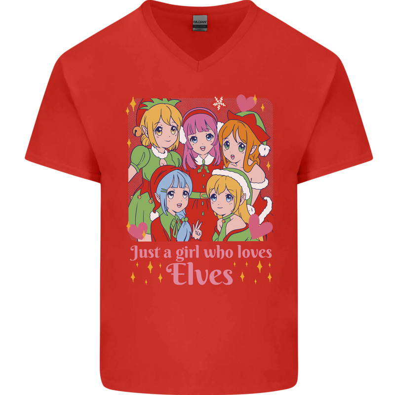 A Girl Who Loves Elves Christmas Anime Xmas Mens V-Neck Cotton T-Shirt Red