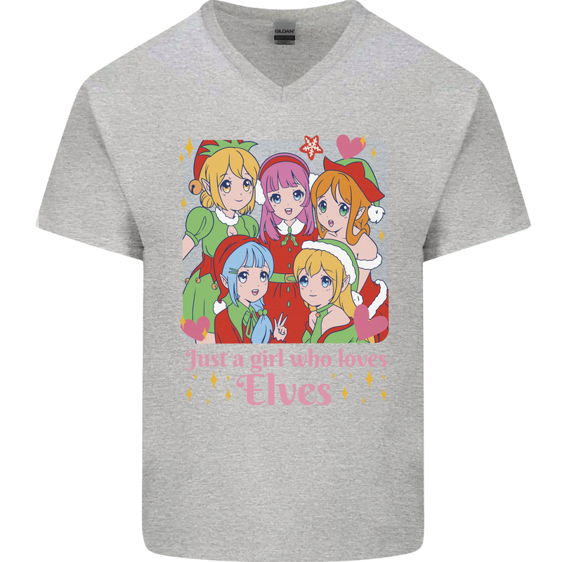 A Girl Who Loves Elves Christmas Anime Xmas Mens V-Neck Cotton T-Shirt Sports Grey