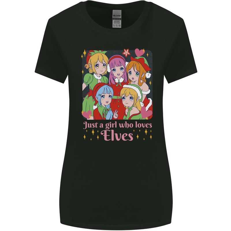 A Girl Who Loves Elves Christmas Anime Xmas Womens Wider Cut T-Shirt Black
