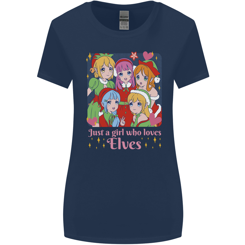A Girl Who Loves Elves Christmas Anime Xmas Womens Wider Cut T-Shirt Navy Blue