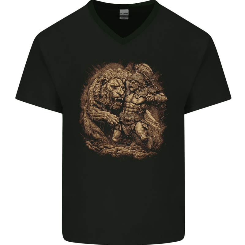 A Gladiator Fighting a Lion Warrior Gym MMA Mens V-Neck Cotton T-Shirt Black