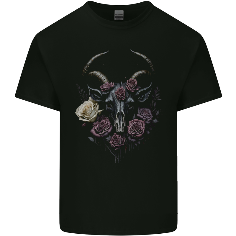 A Goat Skull With Roses Gothic Goth Mens Cotton T-Shirt Tee Top Black