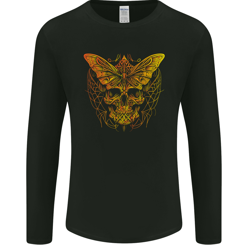 A Golded Moth Skull Mens Long Sleeve T-Shirt Black