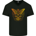 A Golded Moth Skull Mens V-Neck Cotton T-Shirt Black