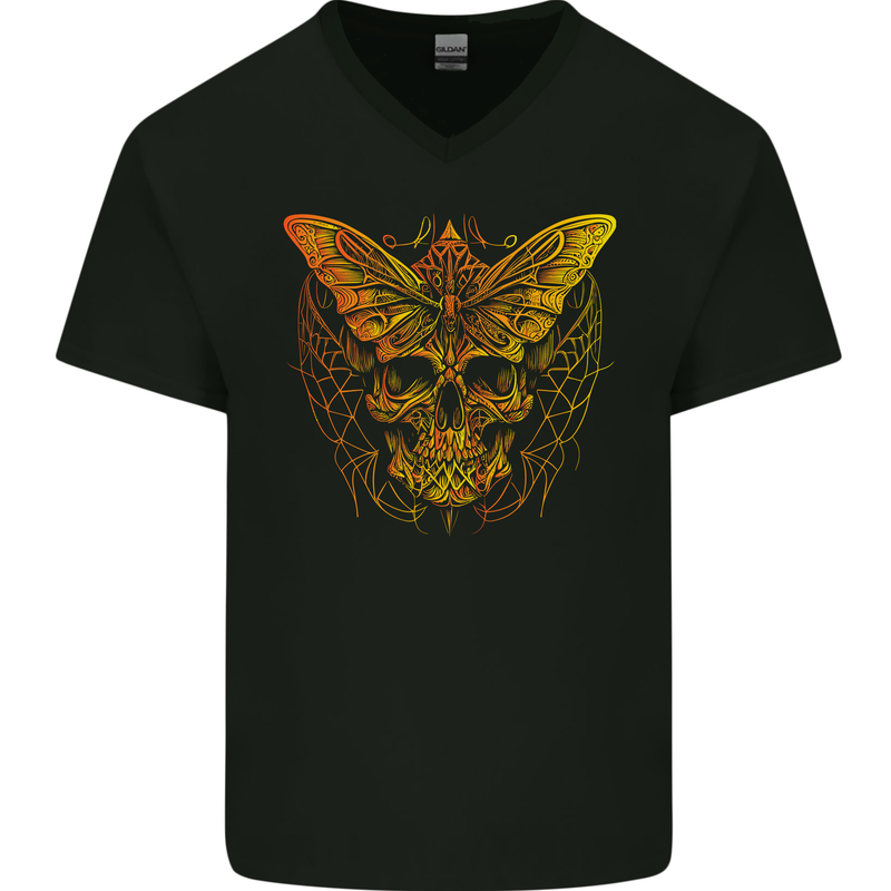 A Golded Moth Skull Mens V-Neck Cotton T-Shirt Black