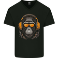 A Gorilla with Headphones Music DJ Mens V-Neck Cotton T-Shirt Black