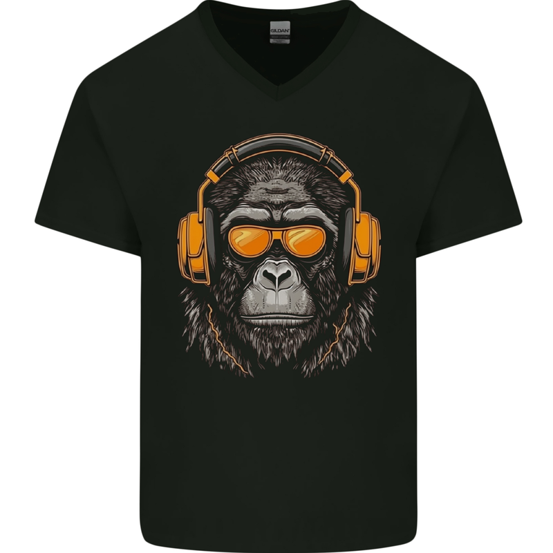 A Gorilla with Headphones Music DJ Mens V-Neck Cotton T-Shirt Black