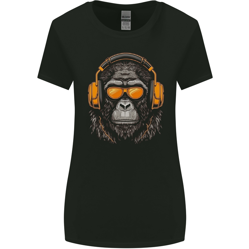 A Gorilla with Headphones Music DJ Womens Wider Cut T-Shirt Black