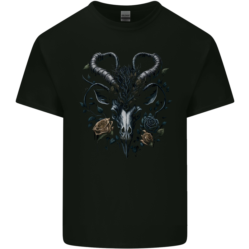 A Gothic Goat Skull With Flowers Goth Roses Mens Cotton T-Shirt Tee Top Black