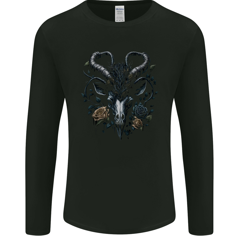 A Gothic Goat Skull With Flowers Goth Roses Mens Long Sleeve T-Shirt Black