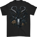 A Gothic Goat Skull With Flowers Goth Roses Mens T-Shirt 100% Cotton BLACK