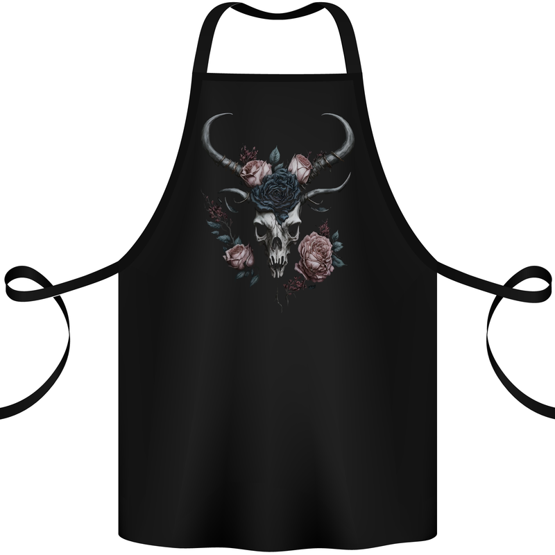 A Gothic Goat Skull With Flowers Roses Goth Cotton Apron 100% Organic Black