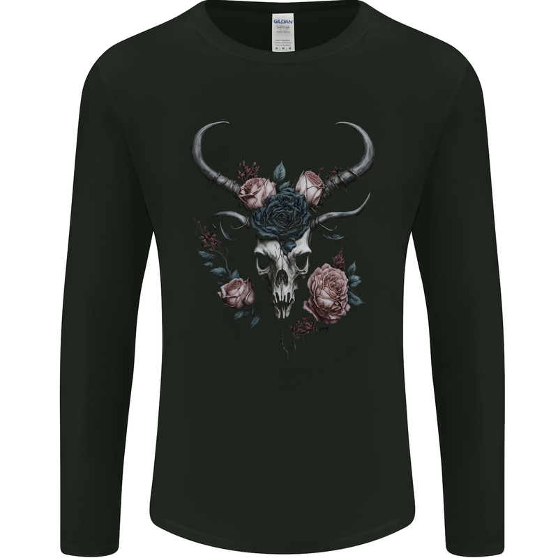 A Gothic Goat Skull With Flowers Roses Goth Mens Long Sleeve T-Shirt Black
