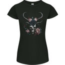 A Gothic Goat Skull With Flowers Roses Goth Womens Petite Cut T-Shirt Black
