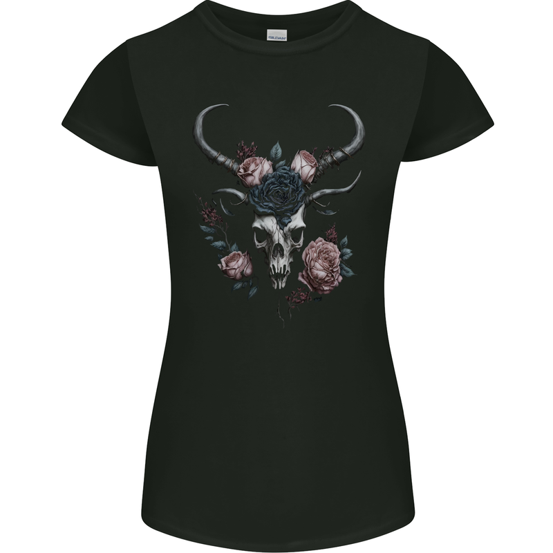 A Gothic Goat Skull With Flowers Roses Goth Womens Petite Cut T-Shirt Black